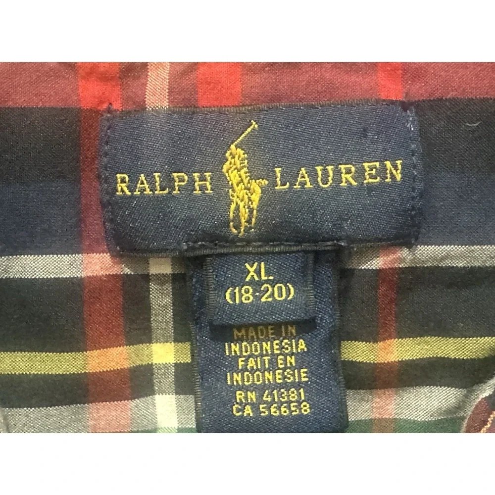 Ralph Lauren Boys XL 18-20 Plaid Button Down Shirt Red Green Blue 100% Cotton